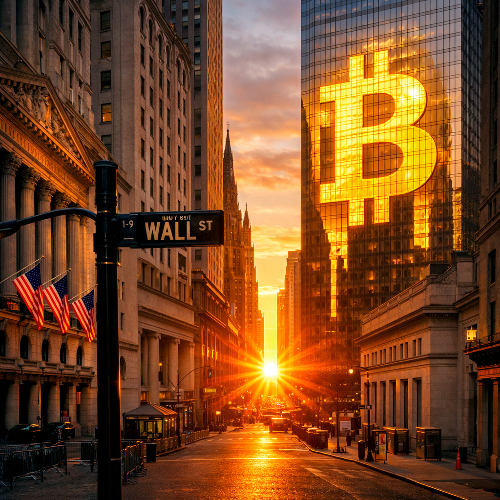 Sun setting on Wall Street with Bitcoin symbol reflected on glass building