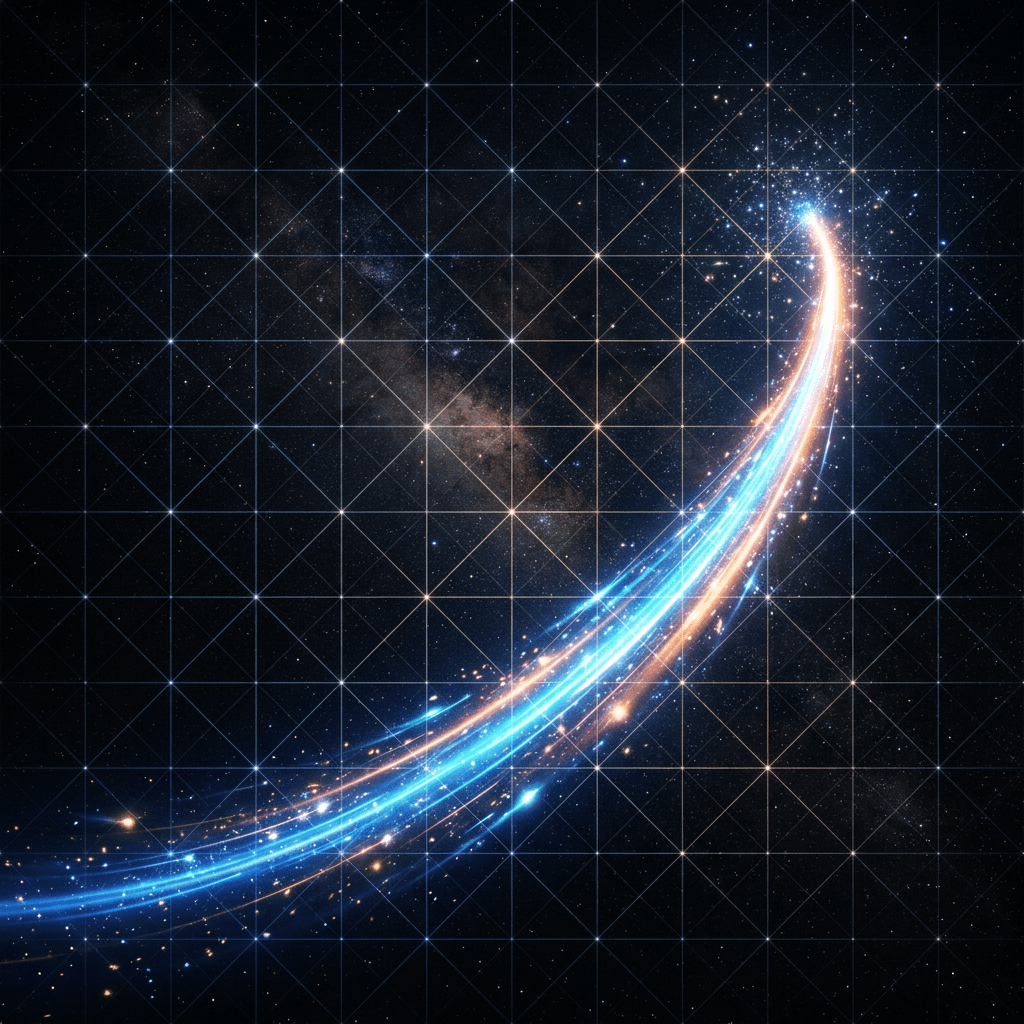 Bright blue and orange cosmic trail curving through a grid against starry night sky