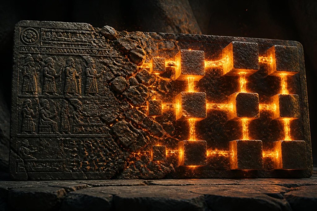Bitcoin core design set in stone like carved blocks