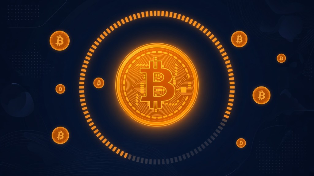 A glowing bitcoin coin inside a ring of orange segments, surrounded by smaller bitcoin coins