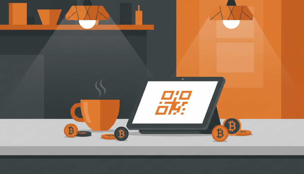 Stylized cafe counter with a Bitcoin QR payment tablet in orange and dark tones, no people or logos