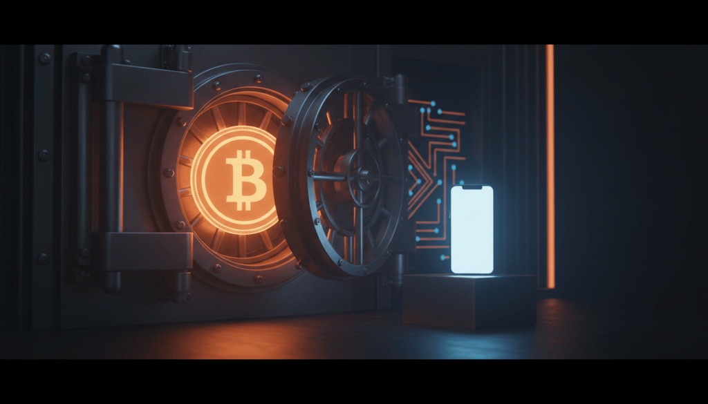 Illustration of a glowing orange Bitcoin symbol inside an open bank vault next to a smartphone, in dark tones with warm orange light