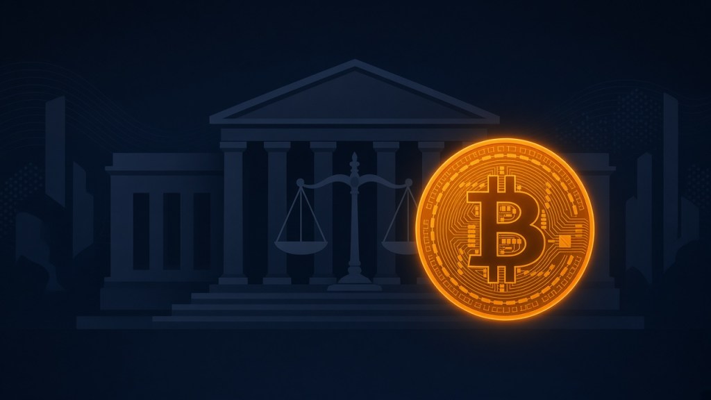 A bitcoin coin in front of a courthouse and scales of justice