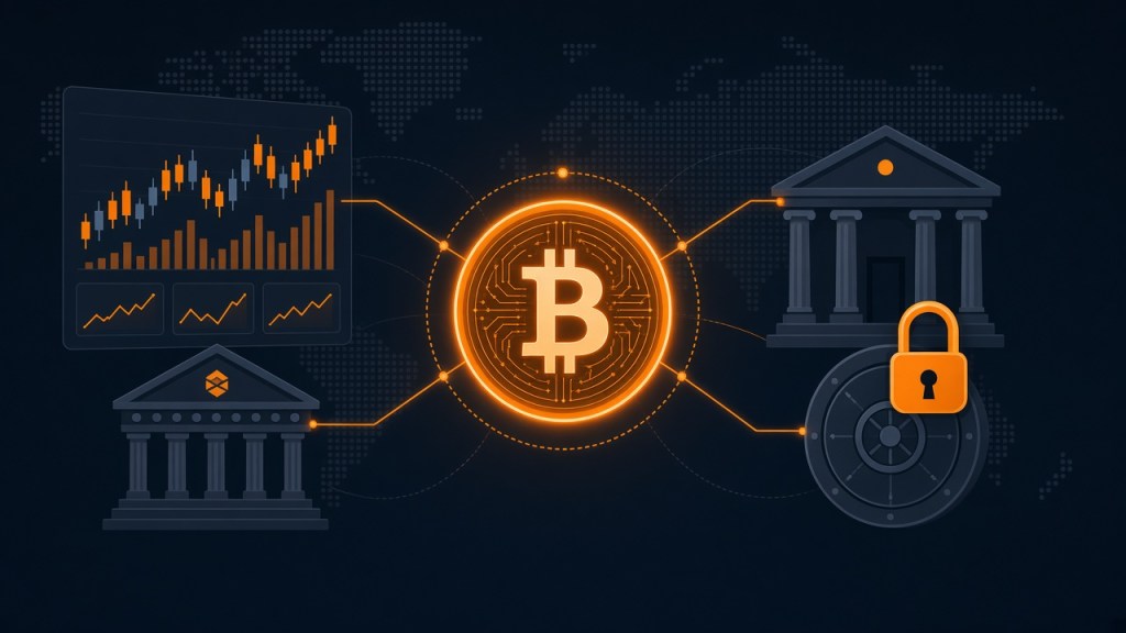Bitcoin connecting a stock exchange and a bank vault