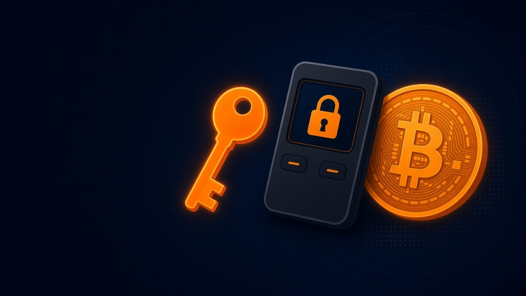 A glowing orange key, a hardware wallet with a padlock and a bitcoin coin